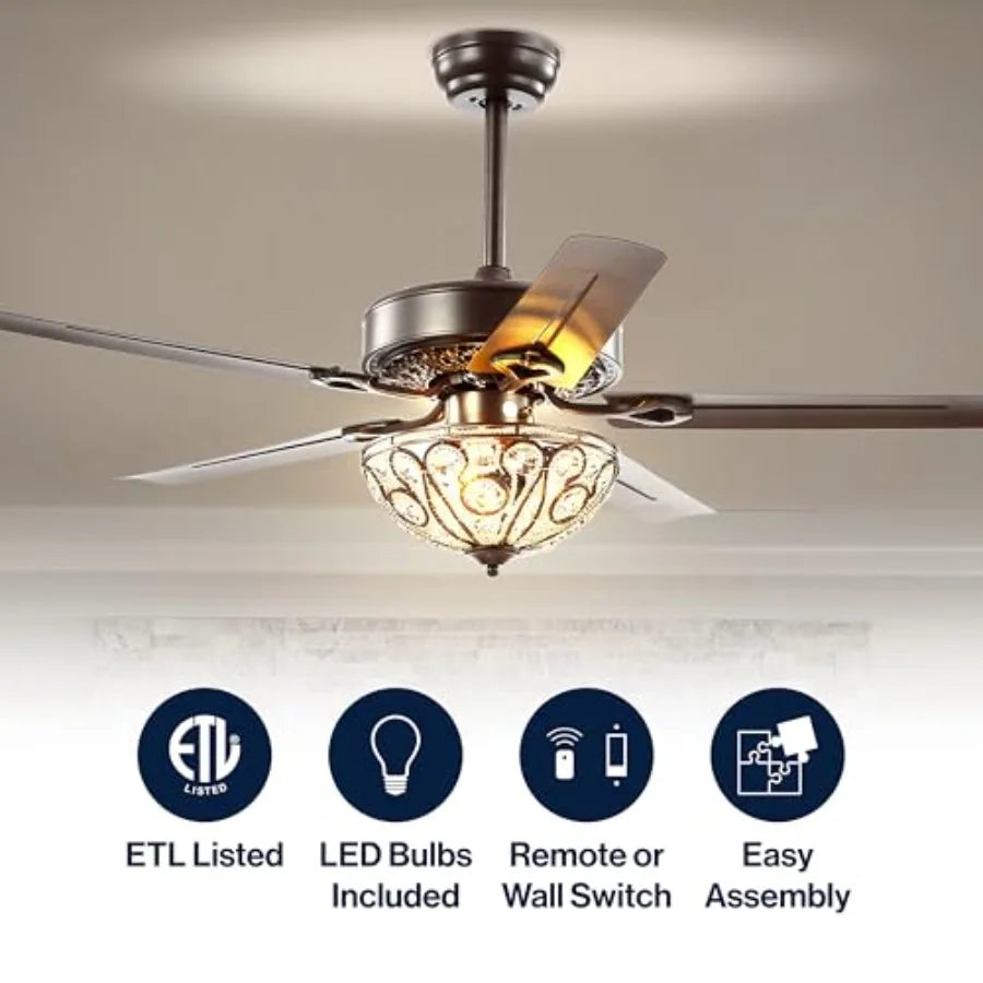 Traditional glam ceiling fan for living room: oil rubbed bronze wrought iron, 48-inch, 3-light LED with remote, 5 reversible bl