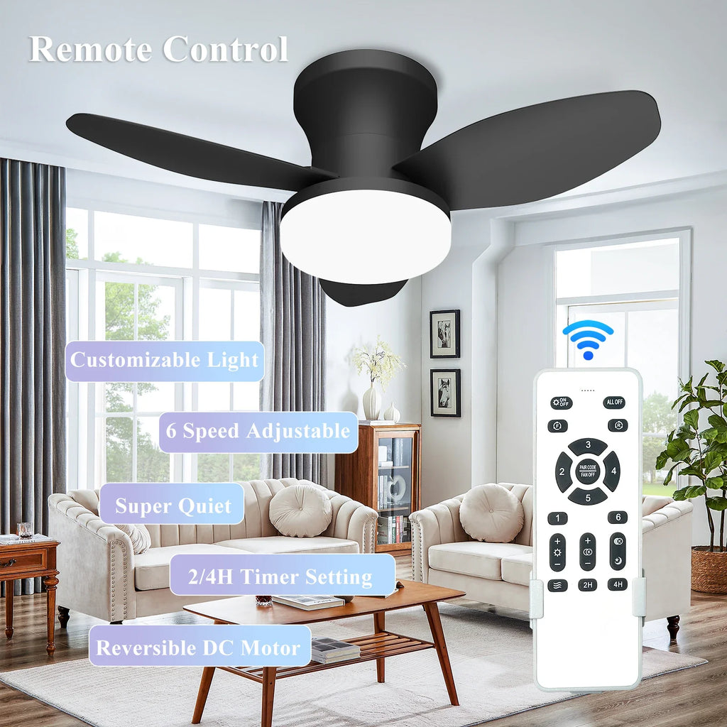 Mexllex Three Leaf Ceiling Fan with Light & Remote Control, 6 Speed, Reversible Noiseless, Dimmable LED Chandelier for Bedroom