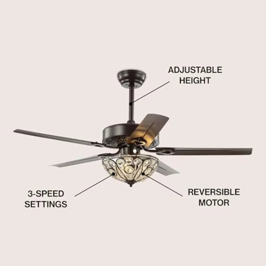 Traditional glam ceiling fan for living room: oil rubbed bronze wrought iron, 48-inch, 3-light LED with remote, 5 reversible bl