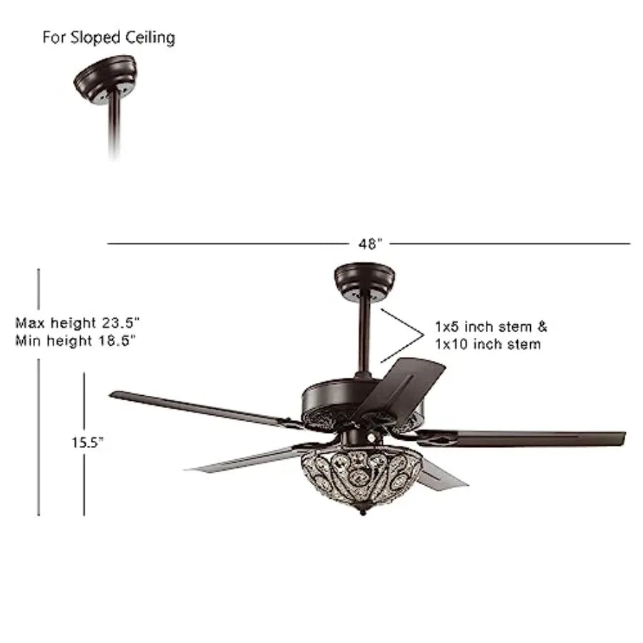 Traditional glam ceiling fan for living room: oil rubbed bronze wrought iron, 48-inch, 3-light LED with remote, 5 reversible bl