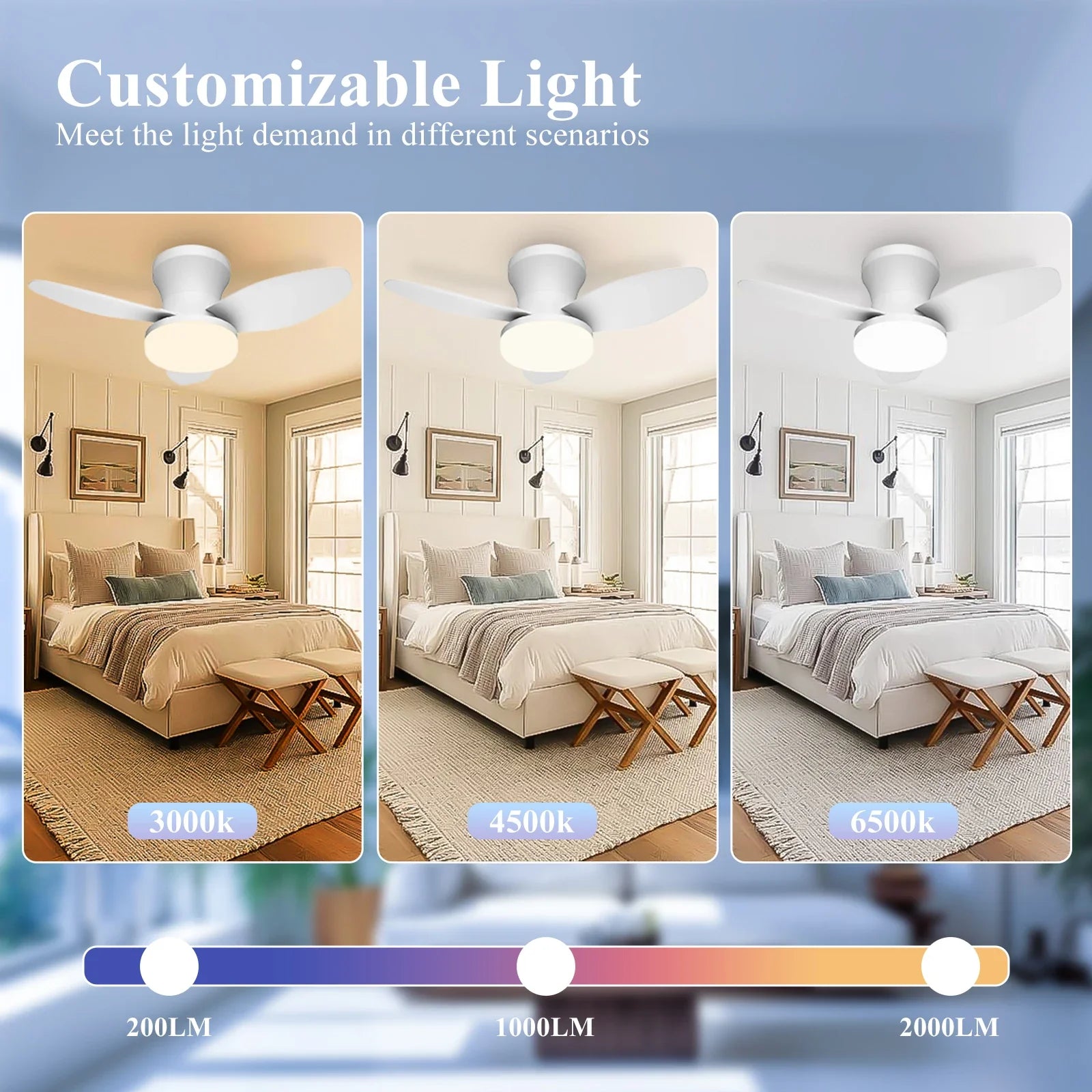 Mexllex Three Leaf Ceiling Fan with Light & Remote Control, 6 Speed, Reversible Noiseless, Dimmable LED Chandelier for Bedroom